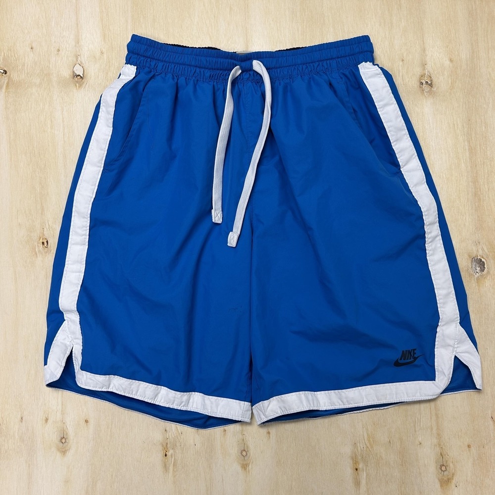 Y2K Nike Swim Shorts Mens Medium Blue White Trim Mesh Lined Drawstring Trunks